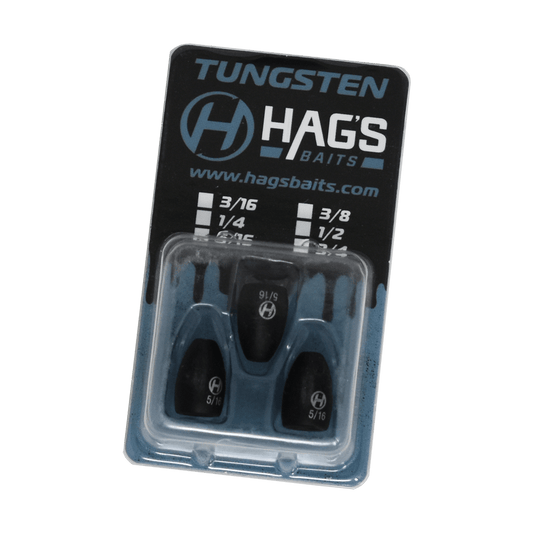 Package of Hags Baits Tungsten Flipping Weights, size 5/16 oz, containing three black tungsten weights in a clear plastic case with blue and black branded backing card.