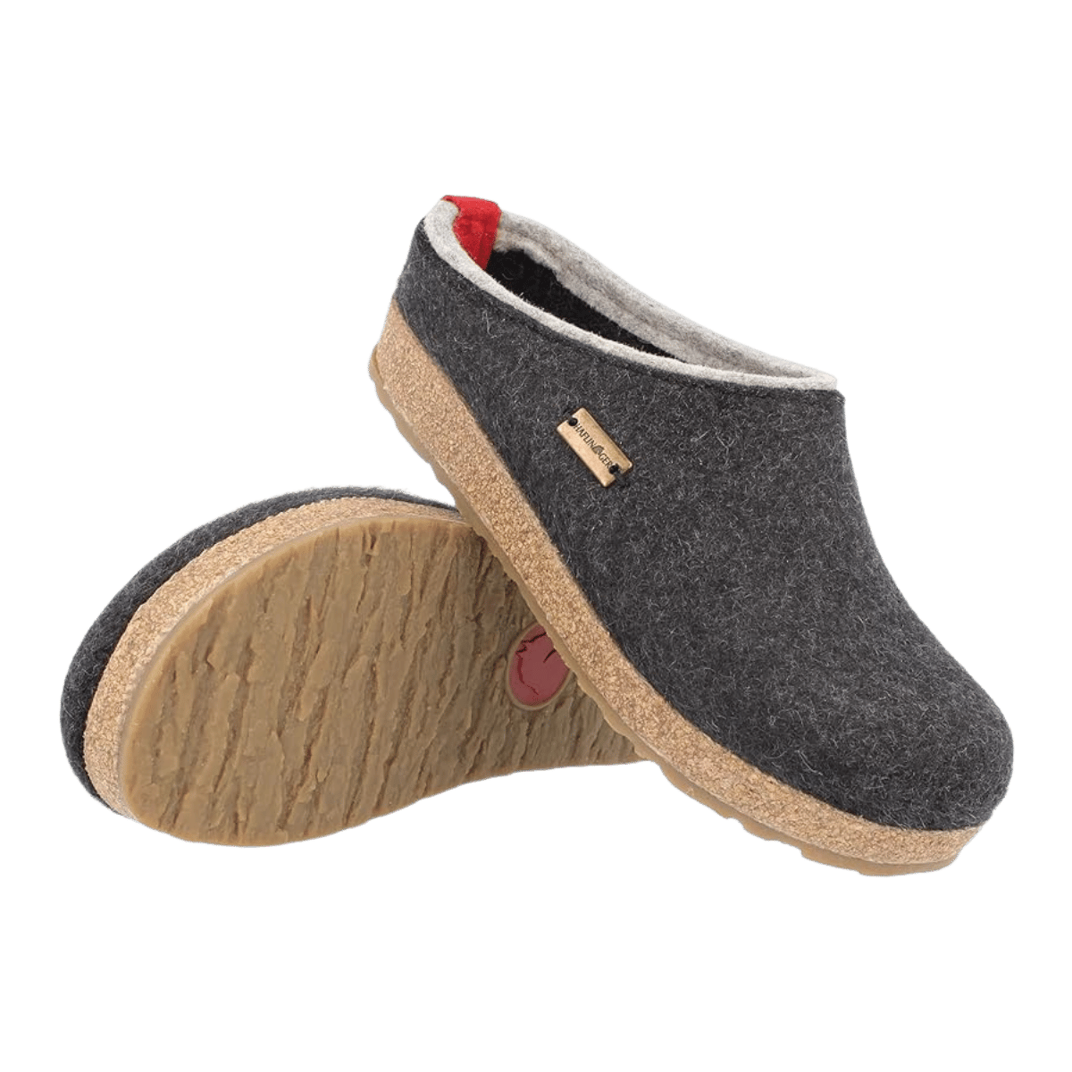 HAFLINGER WOMEN'S GRIZZLY KRIS WOOL CLOGS - CHARCOAL - SIDE AND OUTSOLE VIEW
