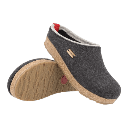 HAFLINGER WOMEN'S GRIZZLY KRIS WOOL CLOGS - CHARCOAL - SIDE AND OUTSOLE VIEW