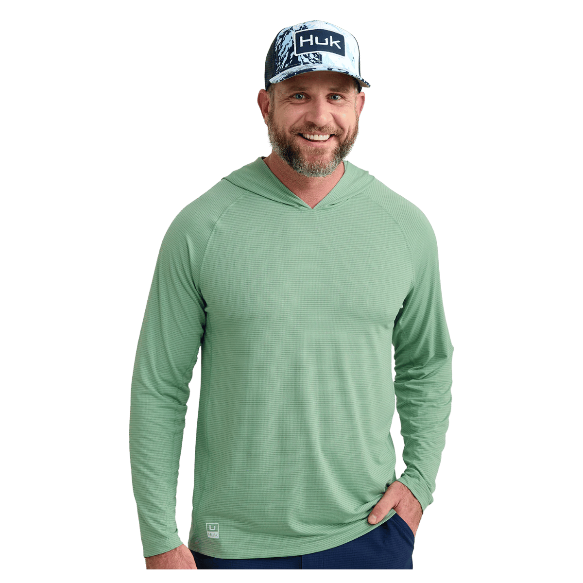 HUK MEN'S A1A PERFORMANCE HOODIE - FOG GREEN - FRONT VIEW