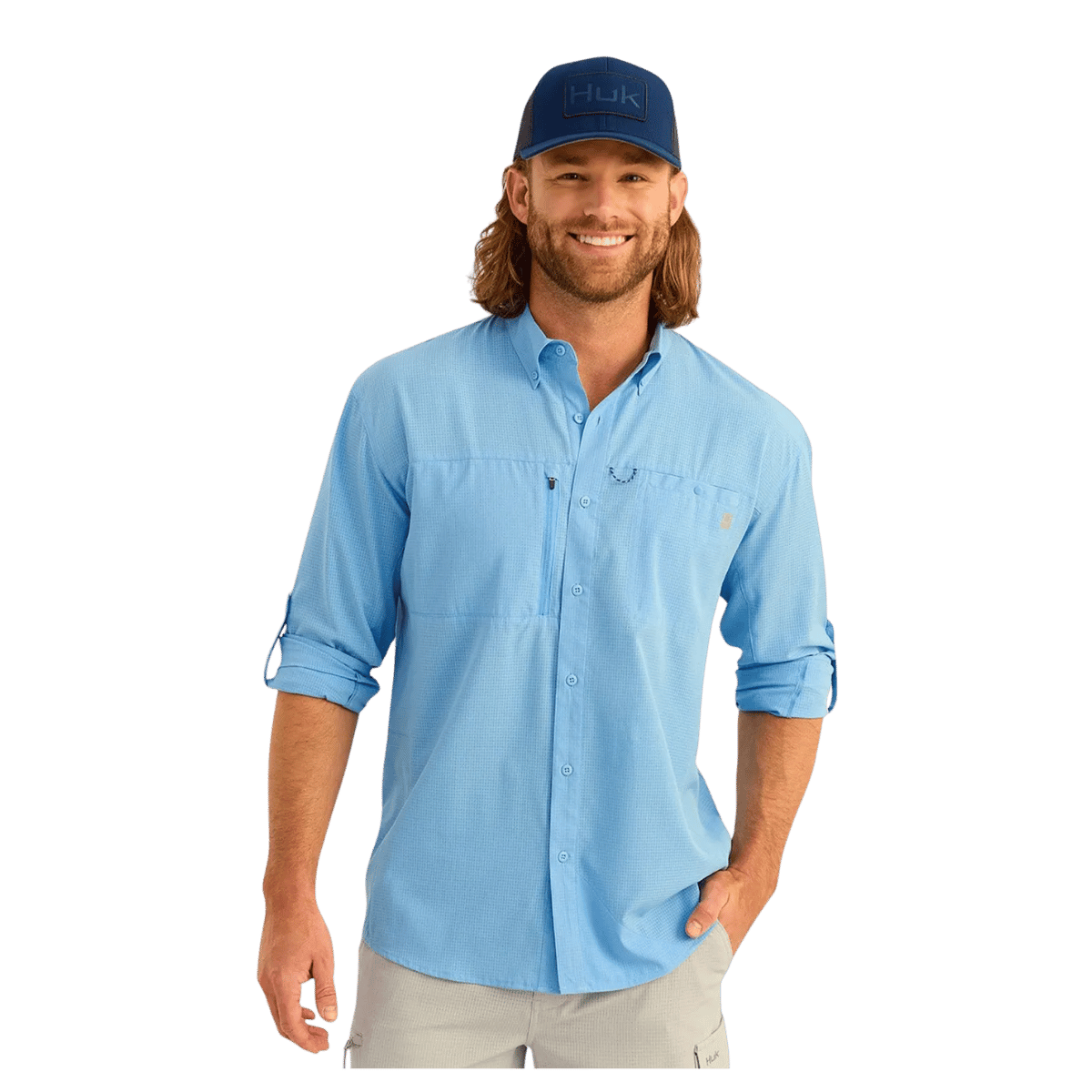 HUK MEN'S A1A WOVEN LONG-SLEEVE SHIRT - MAROLINA BLUE - FRONT VIEW