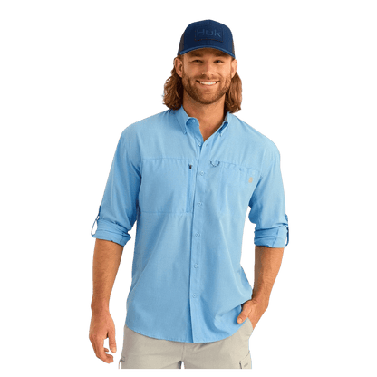 HUK MEN'S A1A WOVEN LONG-SLEEVE SHIRT - MAROLINA BLUE - FRONT VIEW