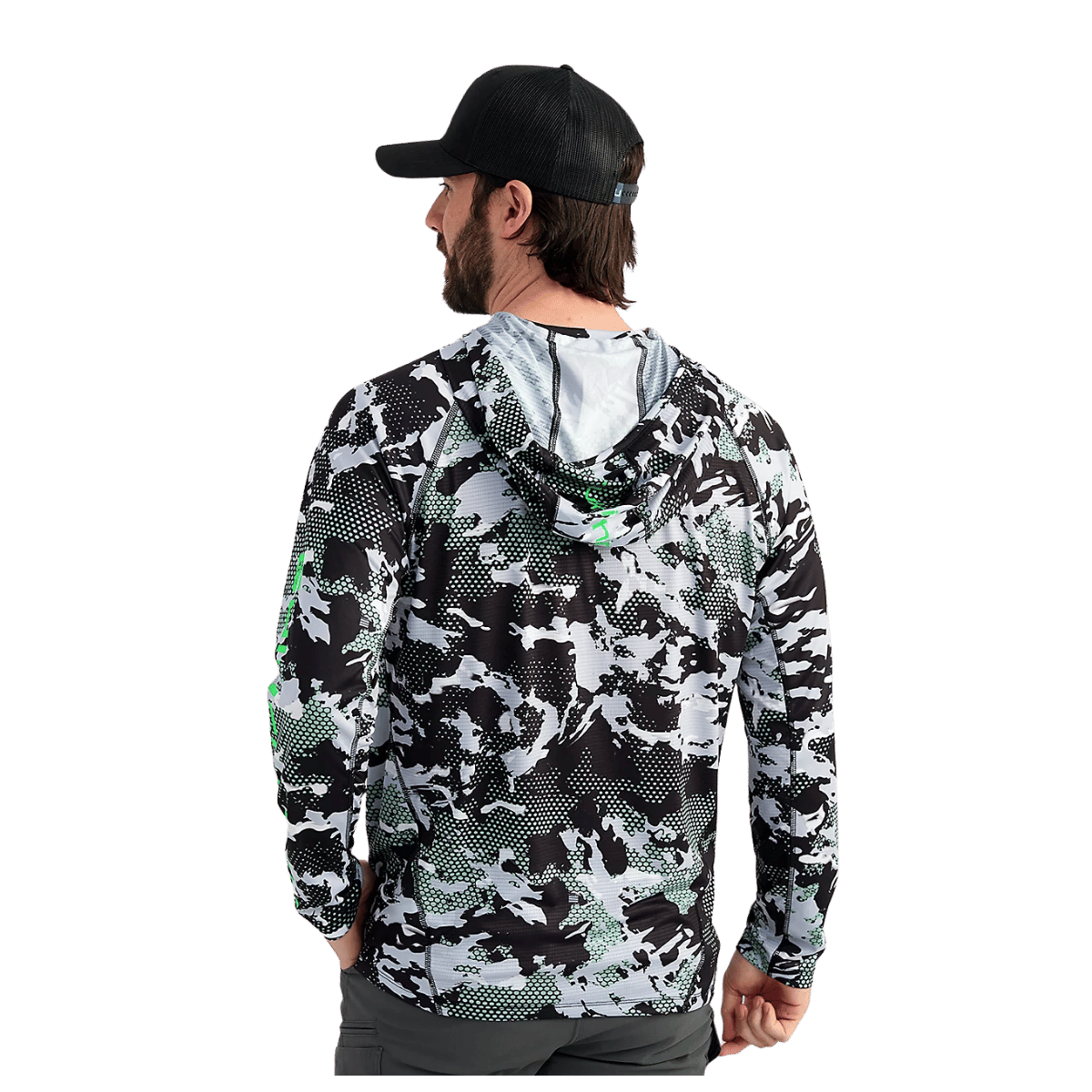 HUK MEN'S KC PRINT ICON PERFORMANCE HOODIE - BLACK - BACK VIEW