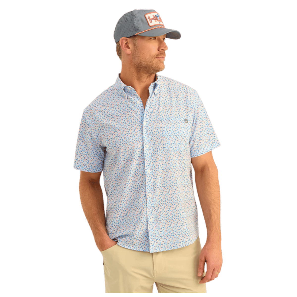 HUK MEN'S KONA PRINTED SHORT-SLEEVE SHIRT - OCEAN BLUE LURE SMASH - FRONT VIEW