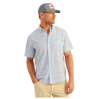 HUK MEN'S KONA PRINTED SHORT-SLEEVE SHIRT - OCEAN BLUE LURE SMASH - FRONT VIEW