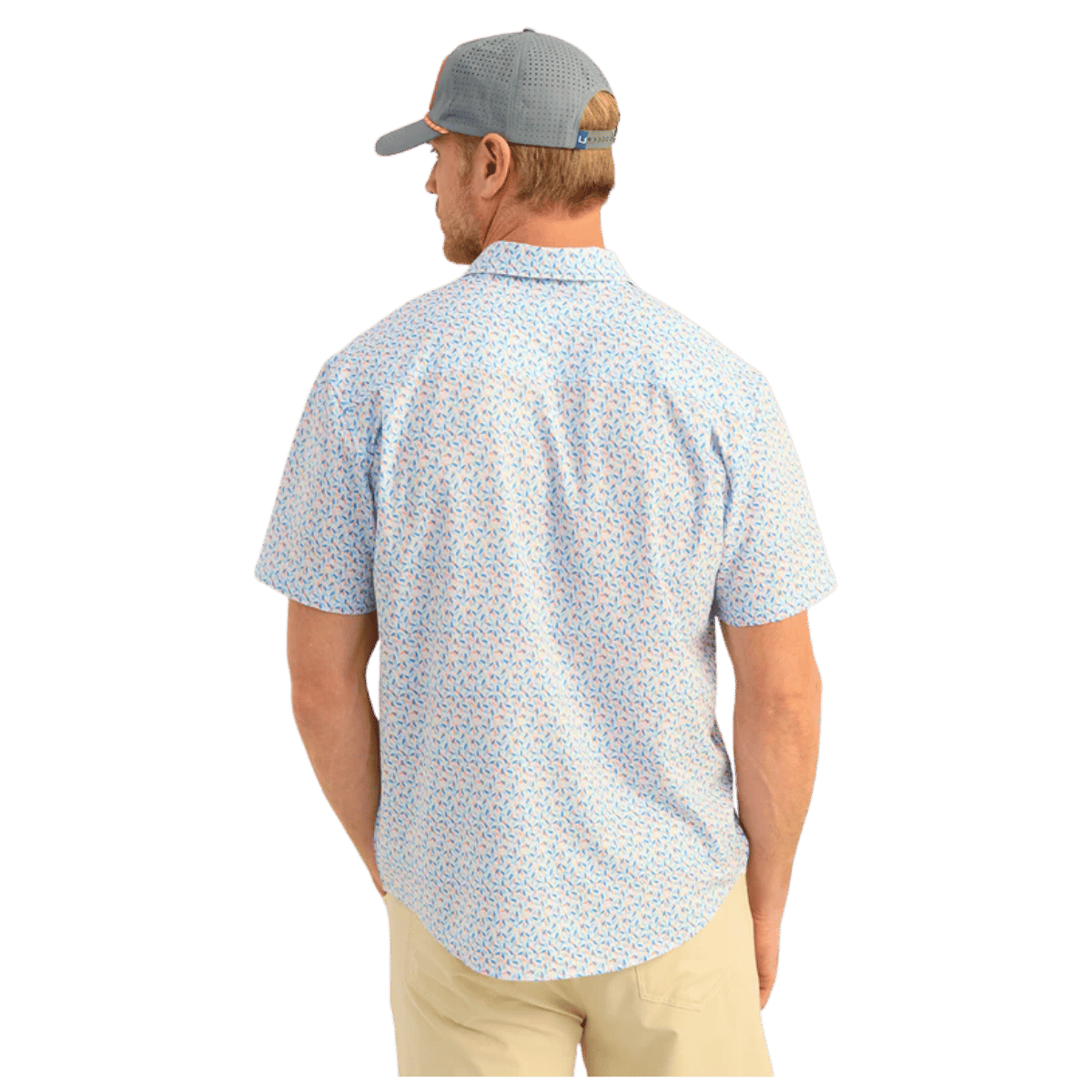 HUK MEN'S KONA PRINTED SHORT-SLEEVE SHIRT - OCEAN BLUE LURE SMASH - BACK VIEW
