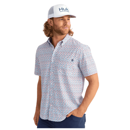HUK MEN'S KONA PRINTED SHORT-SLEEVE SHIRT - CHANNEL MARKER LURE SMASH - FRONT VIEW