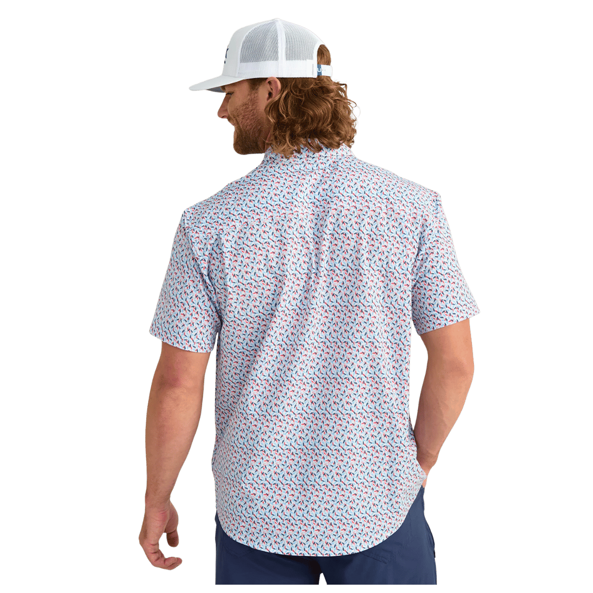 HUK MEN'S KONA PRINTED SHORT-SLEEVE SHIRT - CHANNEL MARKER LURE SMASH - BACK VIEW