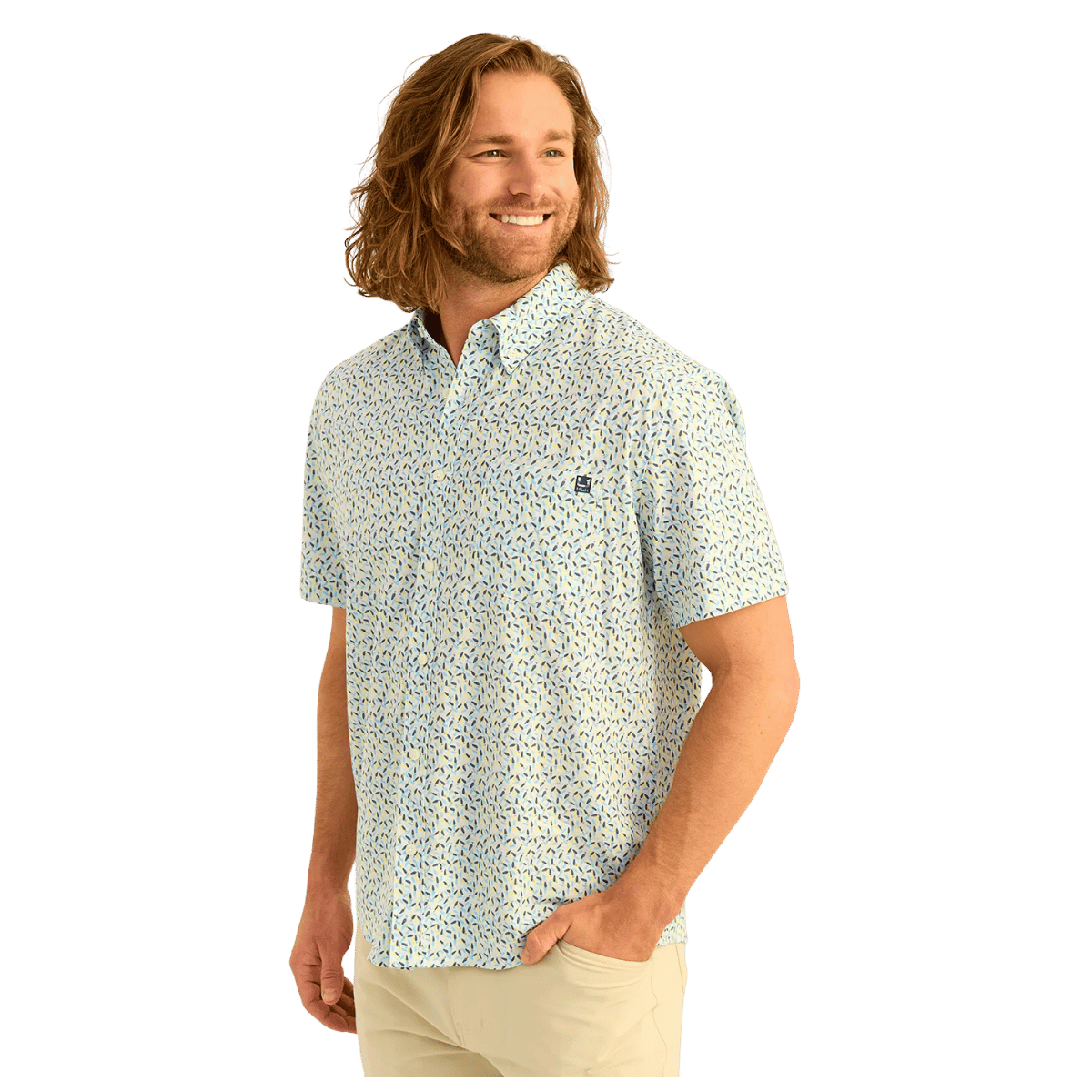 HUK MEN'S KONA PRINTED SHORT-SLEEVE SHIRT - YELLOWFIN LURE SMASH - FRONT VIEW