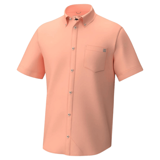 HUK MEN'S KONA SOLID SHORT SLEEVE BUTTON-DOWN SHIRT - PEACH NECTAR