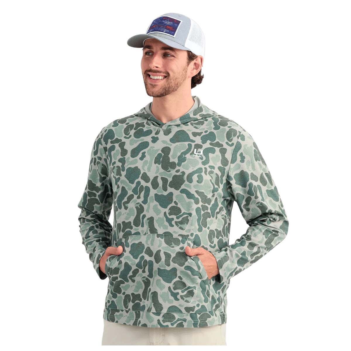 HUK MEN'S KC PRINT LEEWARD LIGHTWEIGHT FLEECE HOODIE – VOLCANIC ASH CAMO - FRONT VIEW