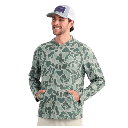 HUK MEN'S KC PRINT LEEWARD LIGHTWEIGHT FLEECE HOODIE – VOLCANIC ASH CAMO - FRONT VIEW