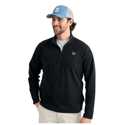 HUK MEN'S LEEWARD LIGHTWEIGHT FLEECE 1/4 ZIP - BLACK HEATHER - FRONT VIEW