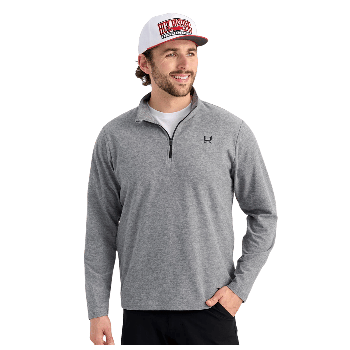HUK MEN'S LEEWARD LIGHTWEIGHT FLEECE 1/4 ZIP - NIGHT OWL HEATHER - FRONT VIEW