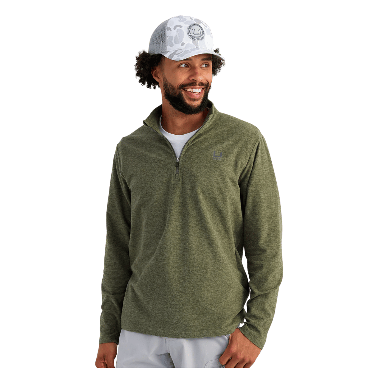HUK MEN'S LEEWARD LIGHTWEIGHT FLEECE 1/4 ZIP - MOSS HEATHER - FRONT VIEW