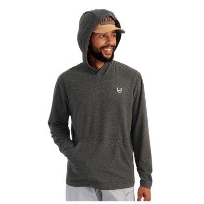 HUK MEN'S LEEWARD LIGHTWEIGHT FLEECE HOODIE - VOLCANIC ASH HEATHER - FRONT VIEW