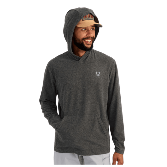HUK MEN'S LEEWARD LIGHTWEIGHT FLEECE HOODIE - VOLCANIC ASH HEATHER - FRONT VIEW