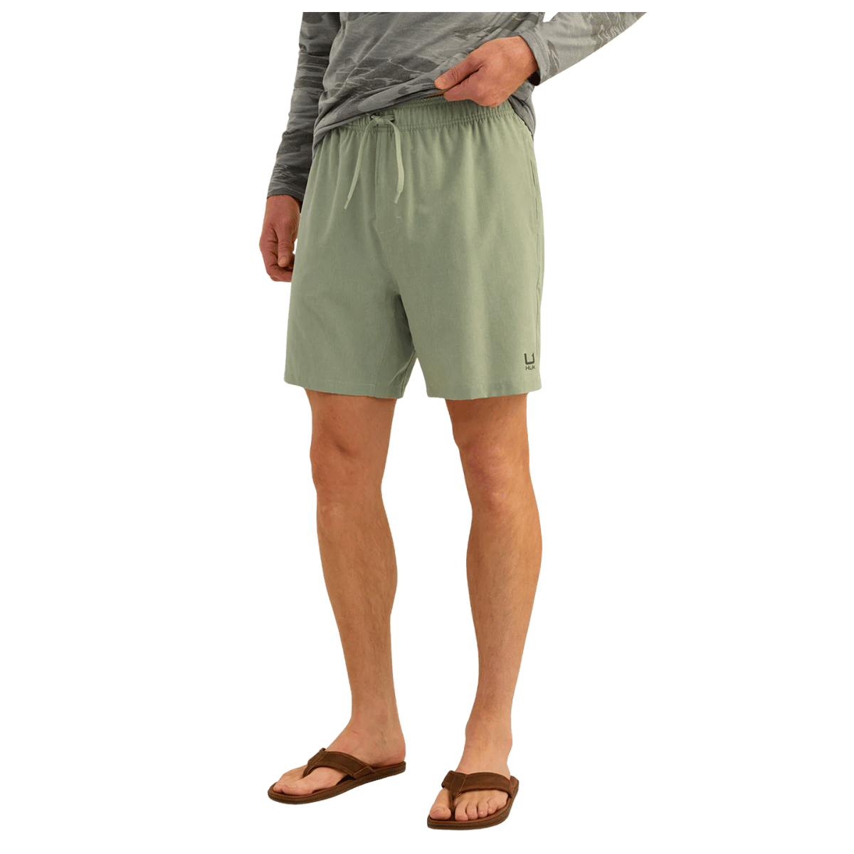 HUK MEN'S LEEWARD SHORT - FOG GREEN HEATHER - FRONT VIEW