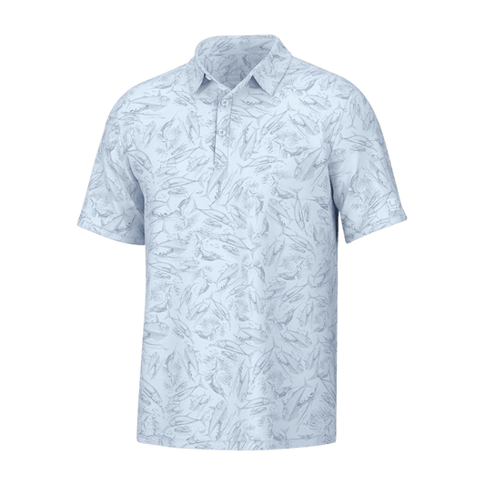 HUK MEN'S PURSUIT POLO FISH CHAOS - ICE WATER - FRONT VIEW