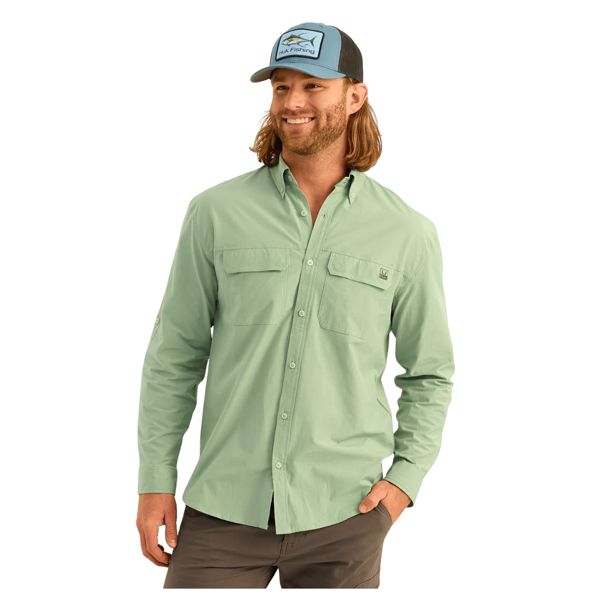 HUK MEN'S NEXT LEVEL LONG-SLEEVE BUTTON-DOWN SHIRT – FOG GREEN