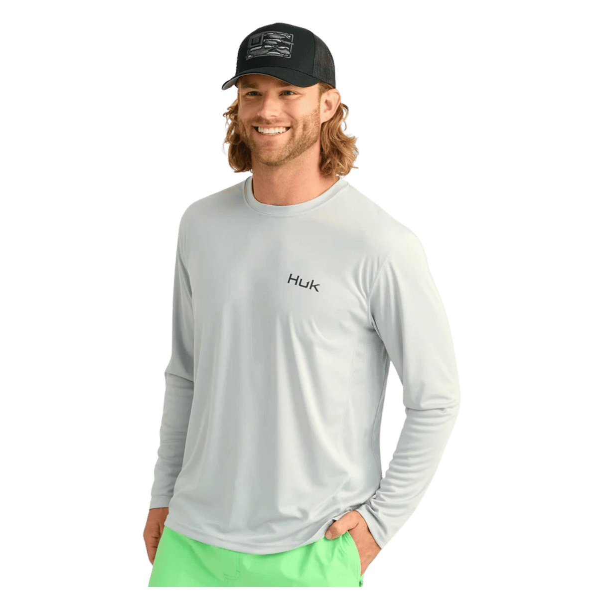 HUK MEN'S PURSUIT LOGO FILL LONG-SLEEVE CREW - HARBOR MIST - FRONT VIEW