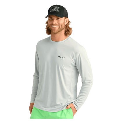 HUK MEN'S PURSUIT LOGO FILL LONG-SLEEVE CREW - HARBOR MIST - FRONT VIEW