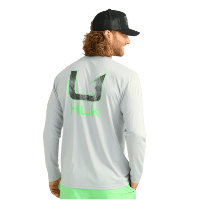 HUK MEN'S PURSUIT LOGO FILL LONG-SLEEVE CREW - HARBOR MIST - BACK VIEW