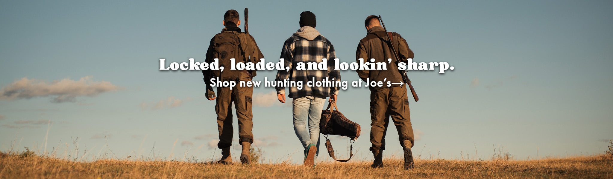 Three men in hunting attire walking on a grassy field with promotional text overlay.