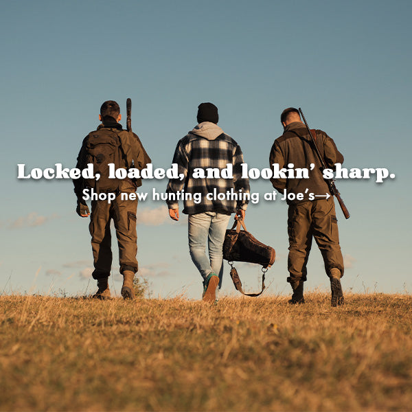 Three hunters walking in a field with text promoting hunting clothing.