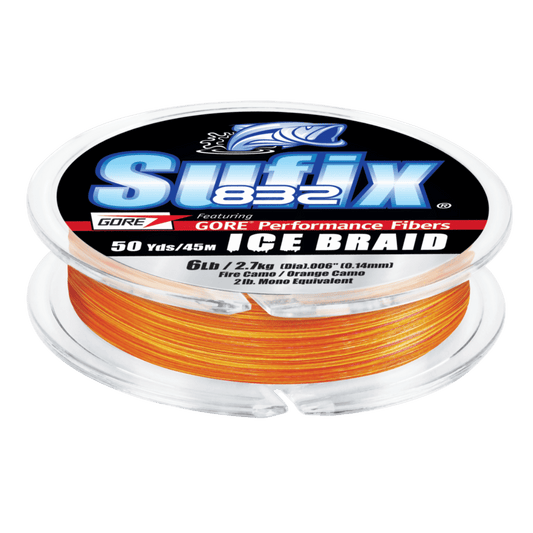 SUFIX 832 ICE FISHING BRAID 50YDS SPOOLS - FIRE CAMO - 04LBS