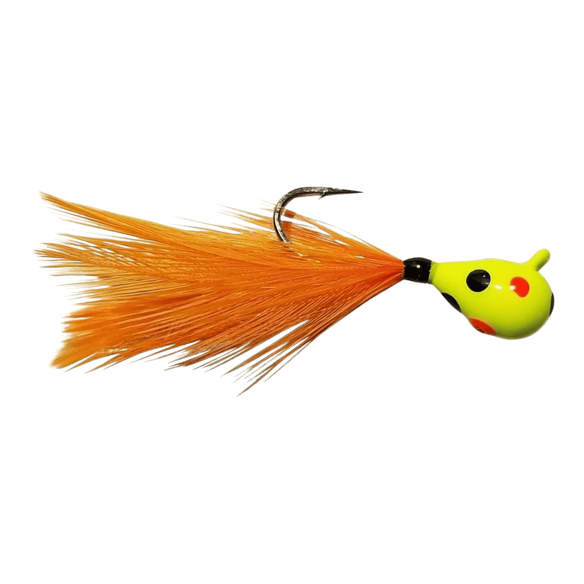 KENDERS TUNGSTEN WONDER FEATHER JIG -  GLOW CHARTREUSE WONDERBREAD/ORANGE FEATHER_SIDE ANGLE