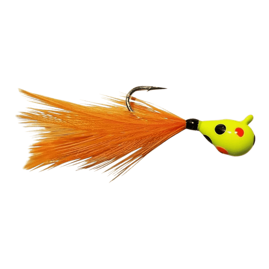 KENDERS TUNGSTEN WONDER FEATHER JIG -  GLOW CHARTREUSE WONDERBREAD/ORANGE FEATHER_SIDE ANGLE