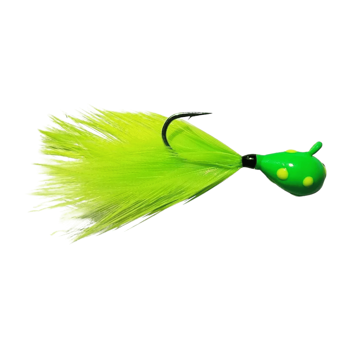 KENDERS TUNGSTEN WONDER FEATHER JIG -  GLOW GREEN WONDERBREAD/CHARTREUSE FEATHER_SIDE ANGLE