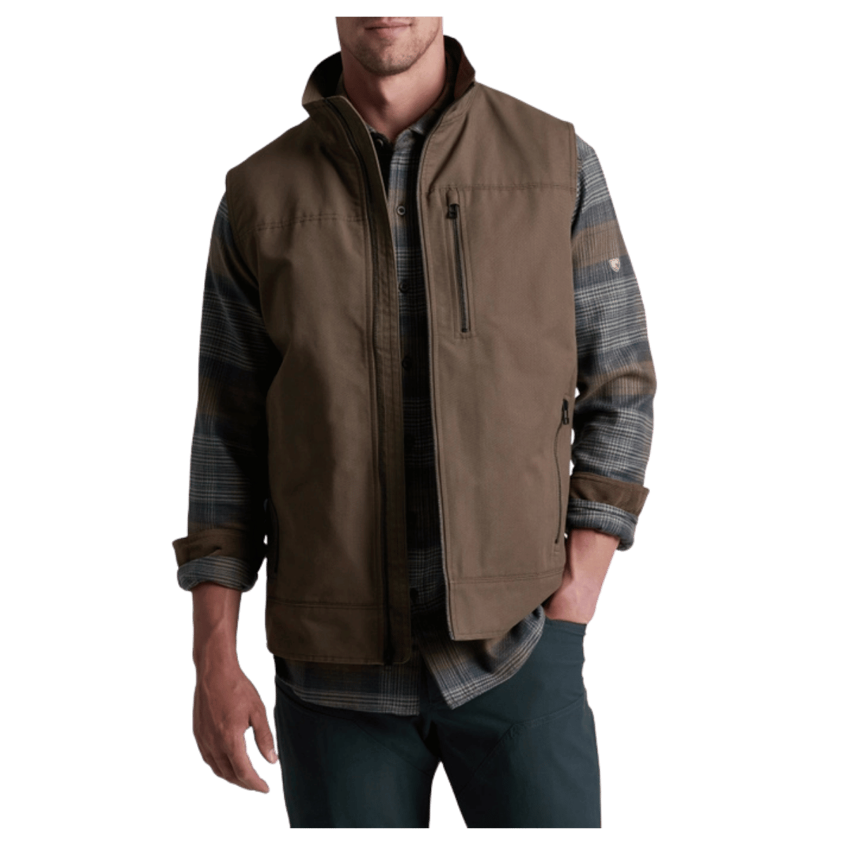 KUHL BURR VEST OTTOMAN FABRIC OUTERWEAR - KANTEEN - FRONT VIEW