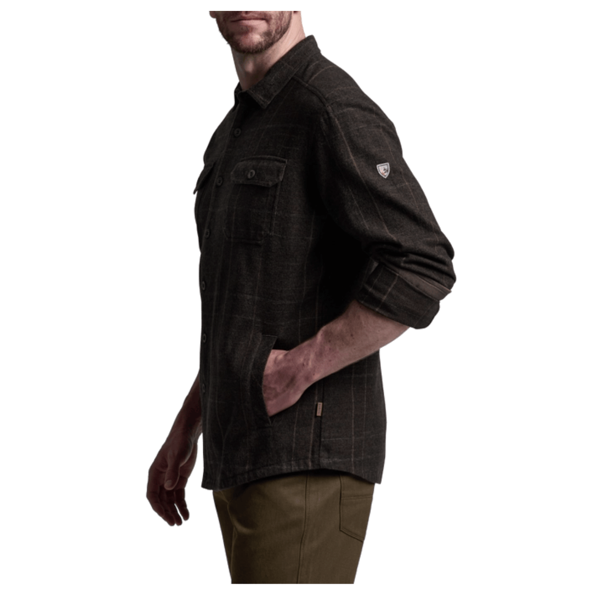 KUHL MEN'S DEVIATR JAC COTTON TENCEL SHIRT - DARK ROAST - SIDE VIEW WW