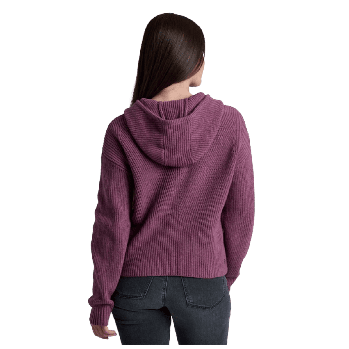 KUHL WOMEN'S FIRESIDE SWEATER HOODY CHUNKY KNIT - MAUVE - BACK VIEW WW