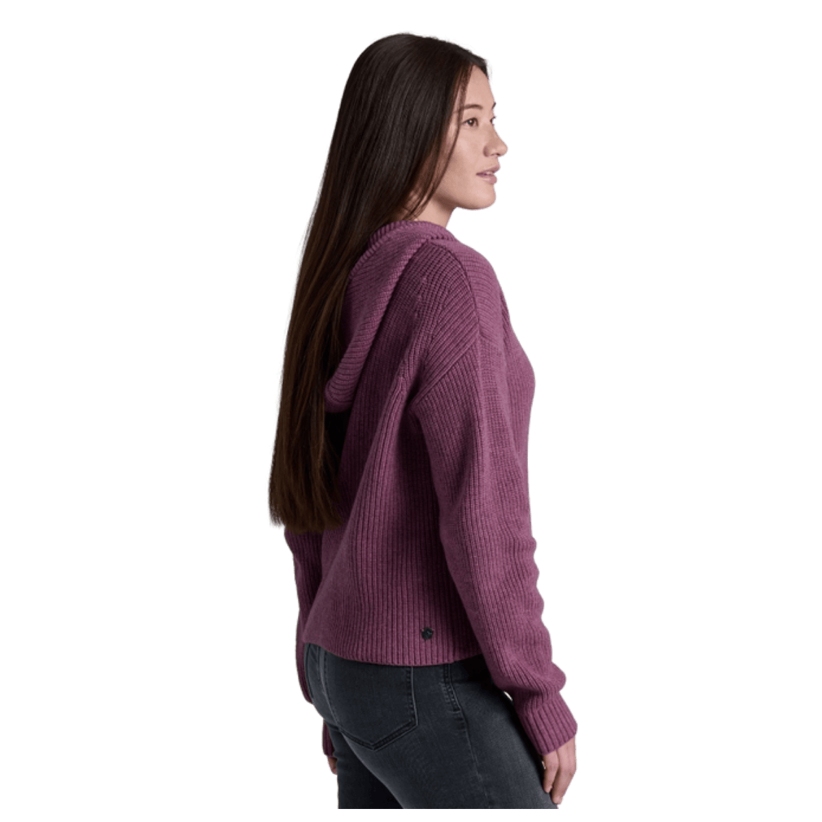 KUHL WOMEN'S FIRESIDE SWEATER HOODY CHUNKY KNIT - MAUVE - SIDE VIEW WW