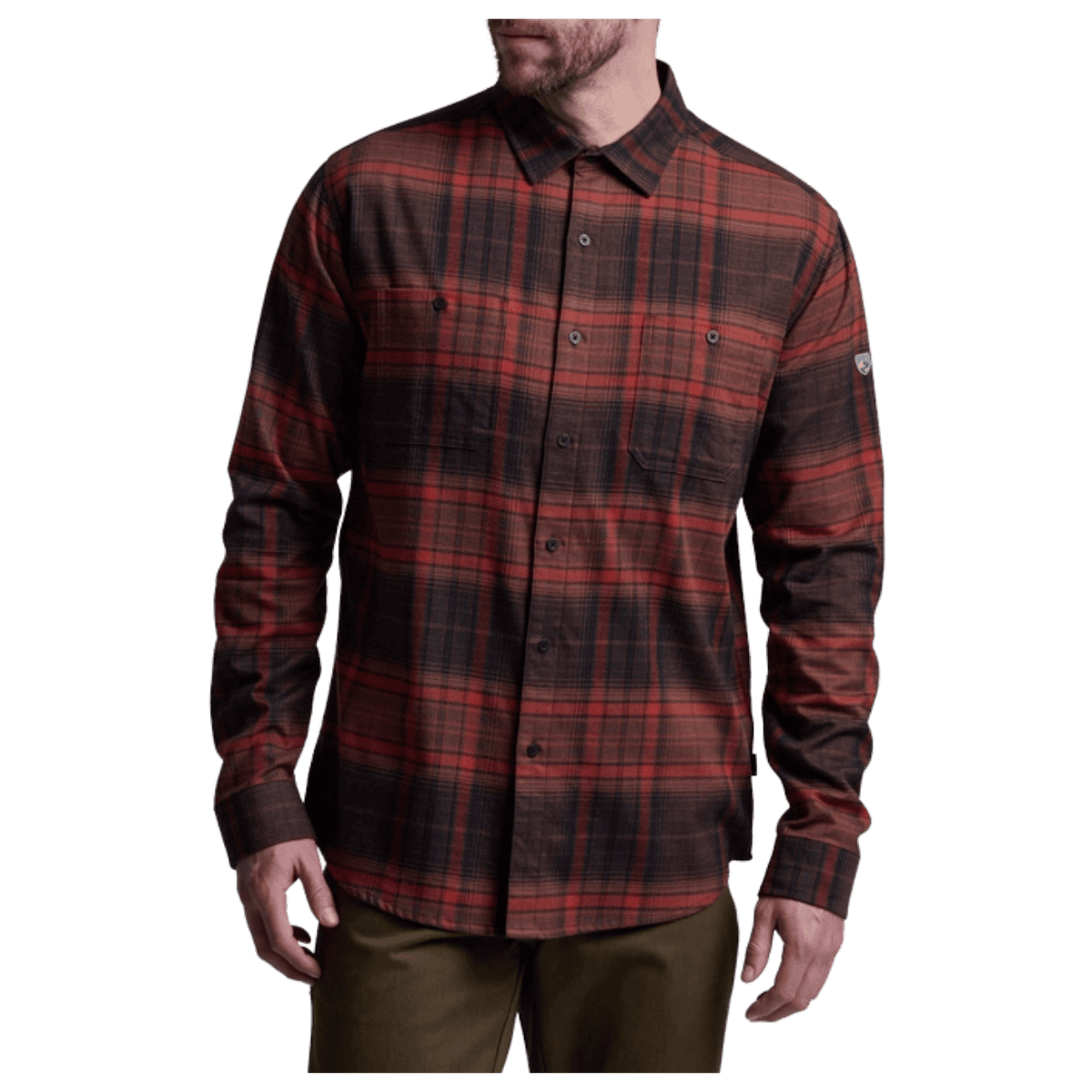 KUHL MEN'S FUGITIVE FLANNEL COTTON TENCEL - BLOODSTONE RED - FRONT VIEW WW