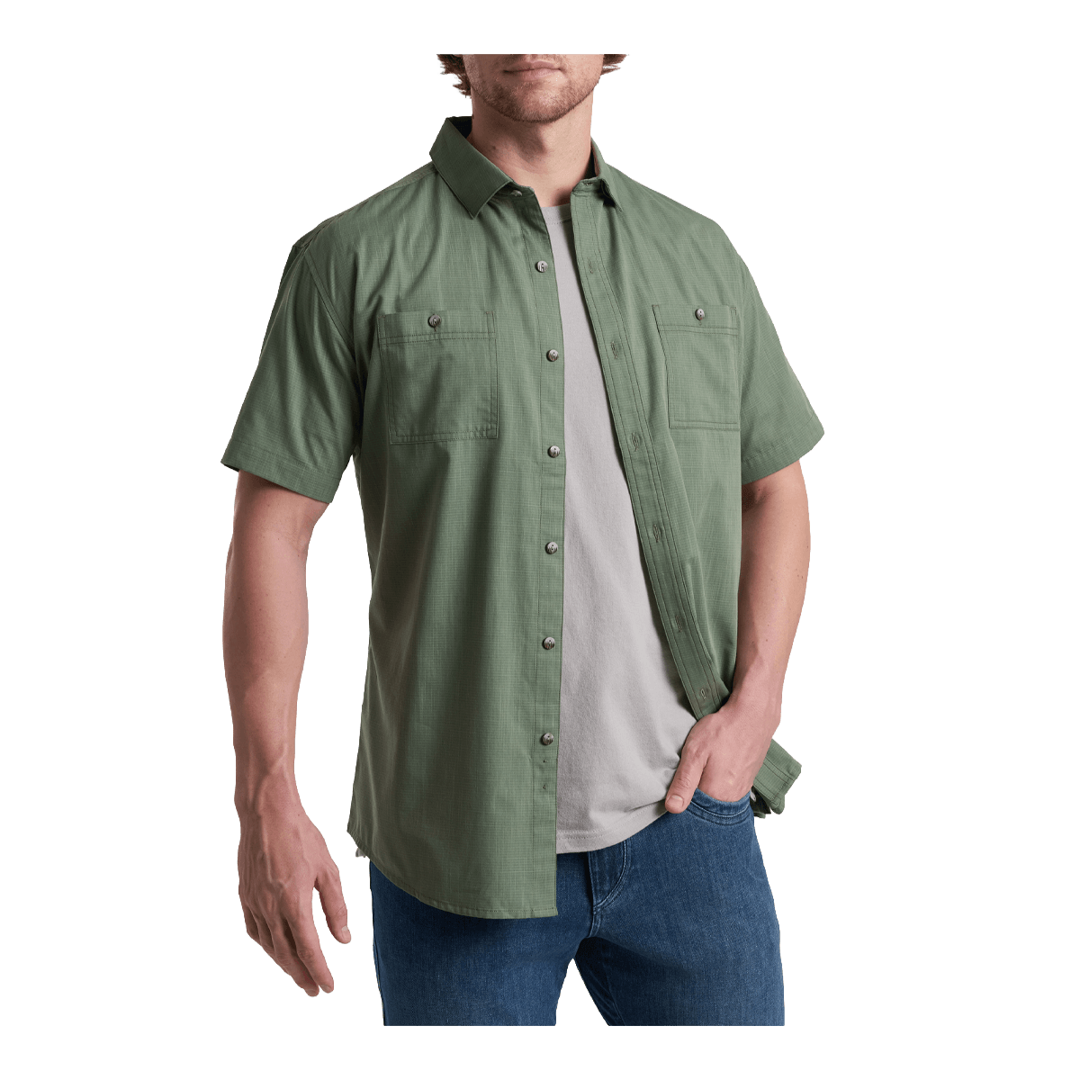 KUHL KARIB STRIPE SHORT SLEEVE SHIRT - SLATE GREEN - FRONT VIEW