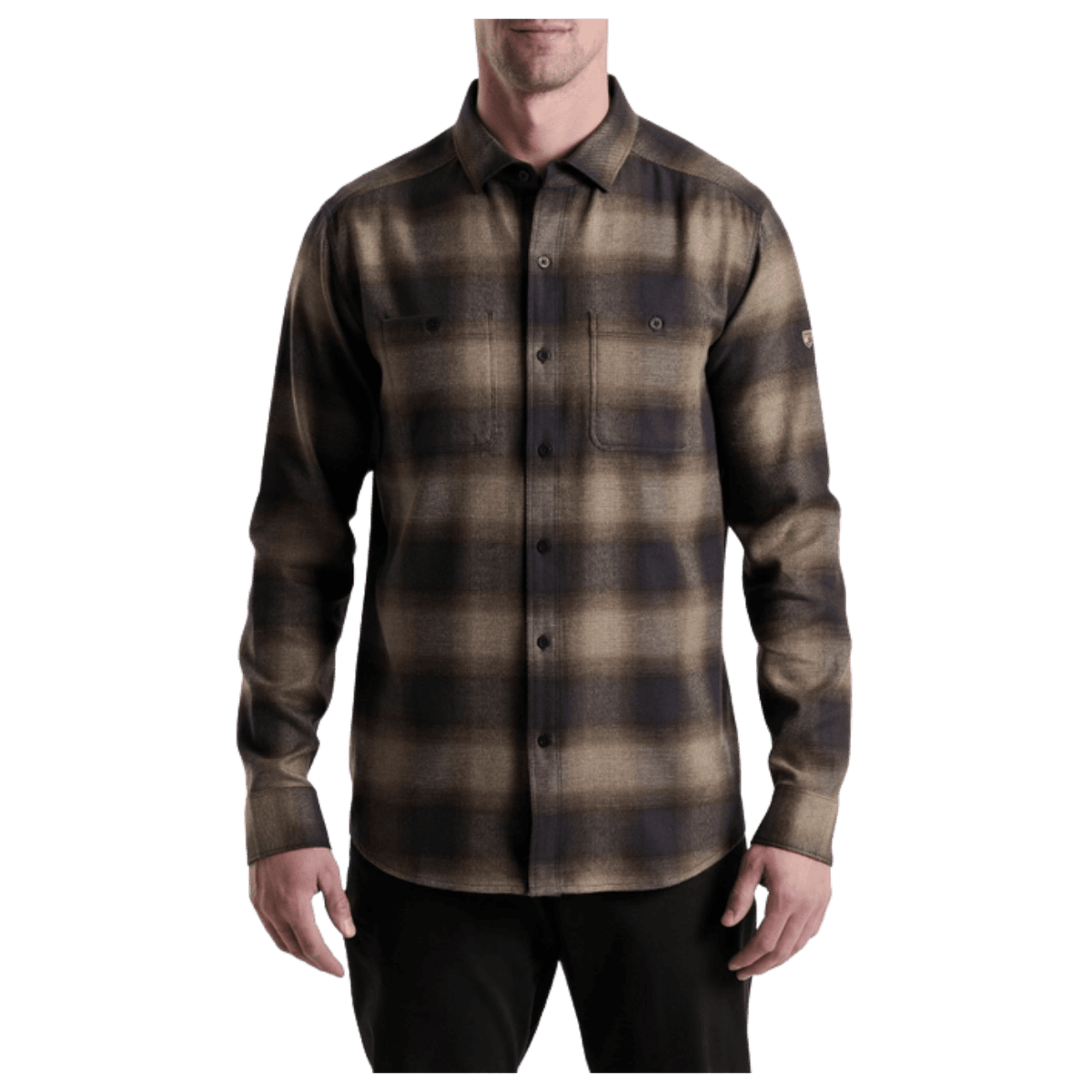 KUHL MEN'S LAW FLANNEL COTTON TENCEL LONG SLEEVE - DARK ROAST - FRONT VIEW WW