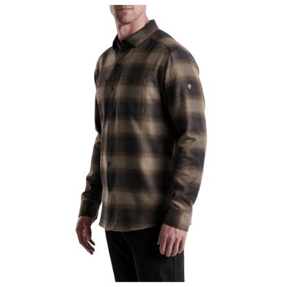 KUHL MEN'S LAW FLANNEL COTTON TENCEL LONG SLEEVE - DARK ROAST - SIDE VIEW WW