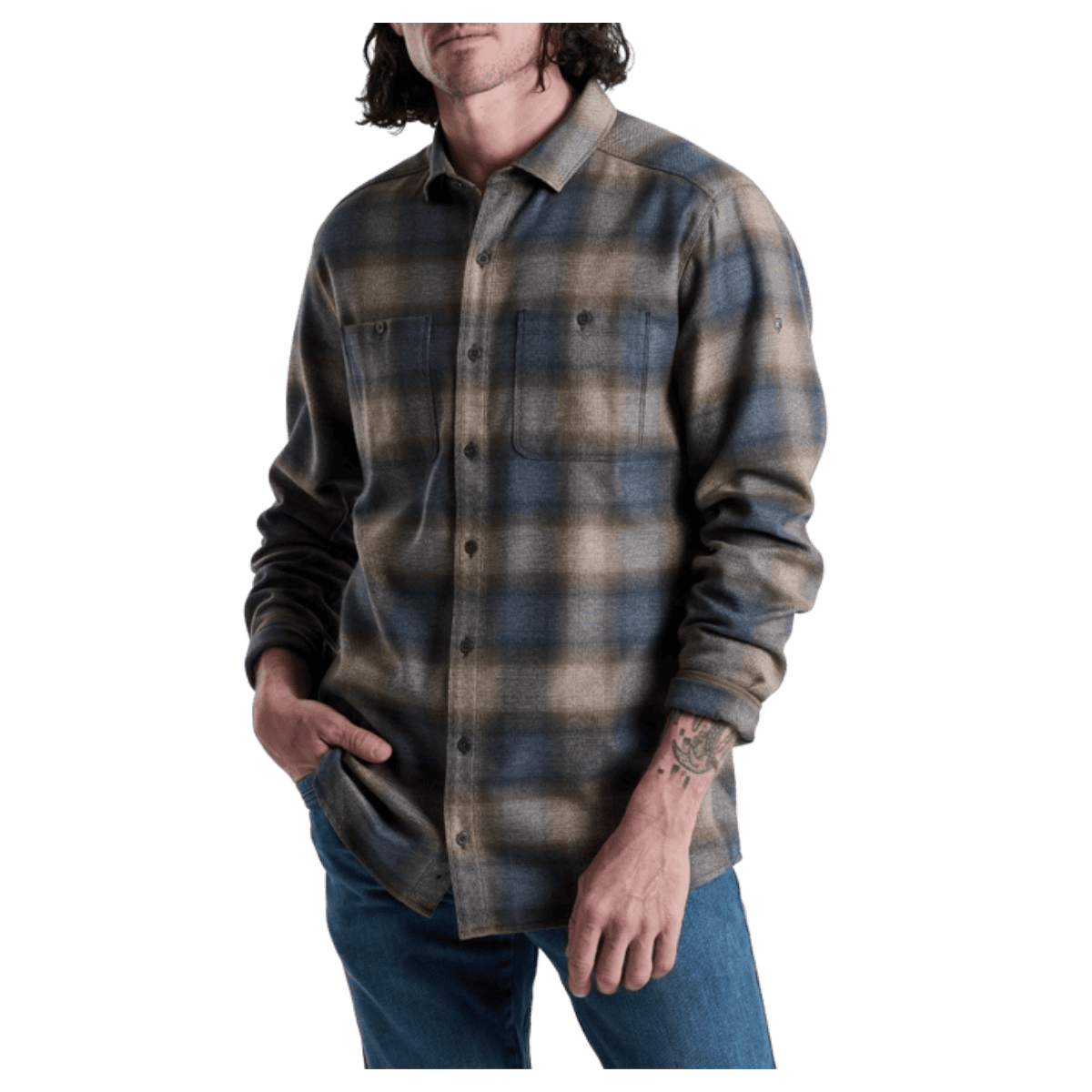 KUHL MEN'S LAW FLANNEL COTTON TENCEL LONG SLEEVE - MIDNIGHT TIMBER - FRONT VIEW WW