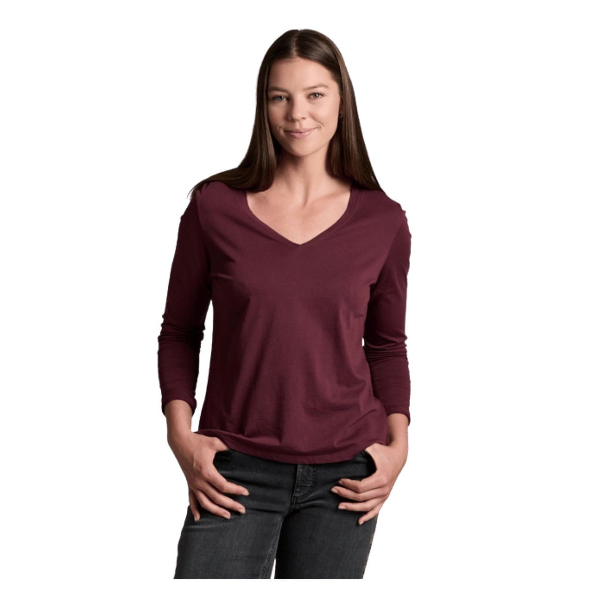 KUHL WOMEN'S VEGA LONG SLEEVE V-NECK TOP - RAISIN_FRONT