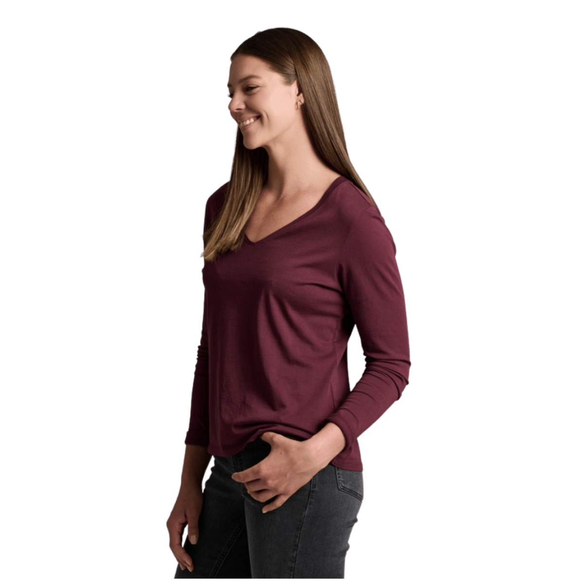 KUHL WOMEN'S VEGA LONG SLEEVE V-NECK TOP - RAISIN_SIDE ANGLE
