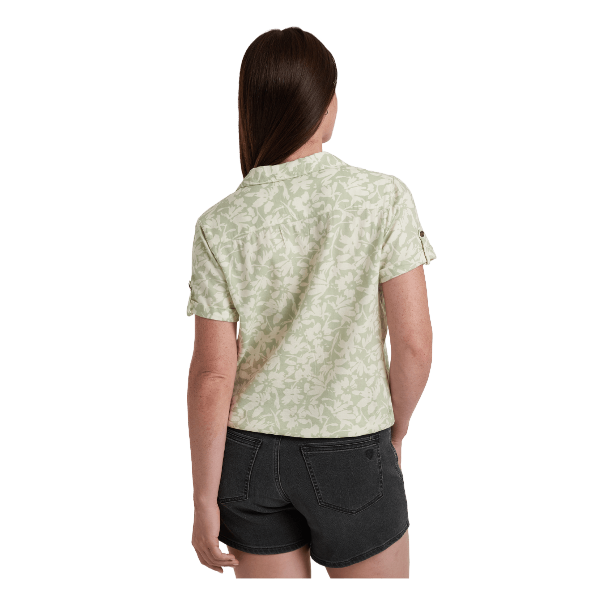 KUHL WOMEN'S LILIANA SHORT SLEEVE SHIRT - SEA FOAM PRINT - BACK VIEW
