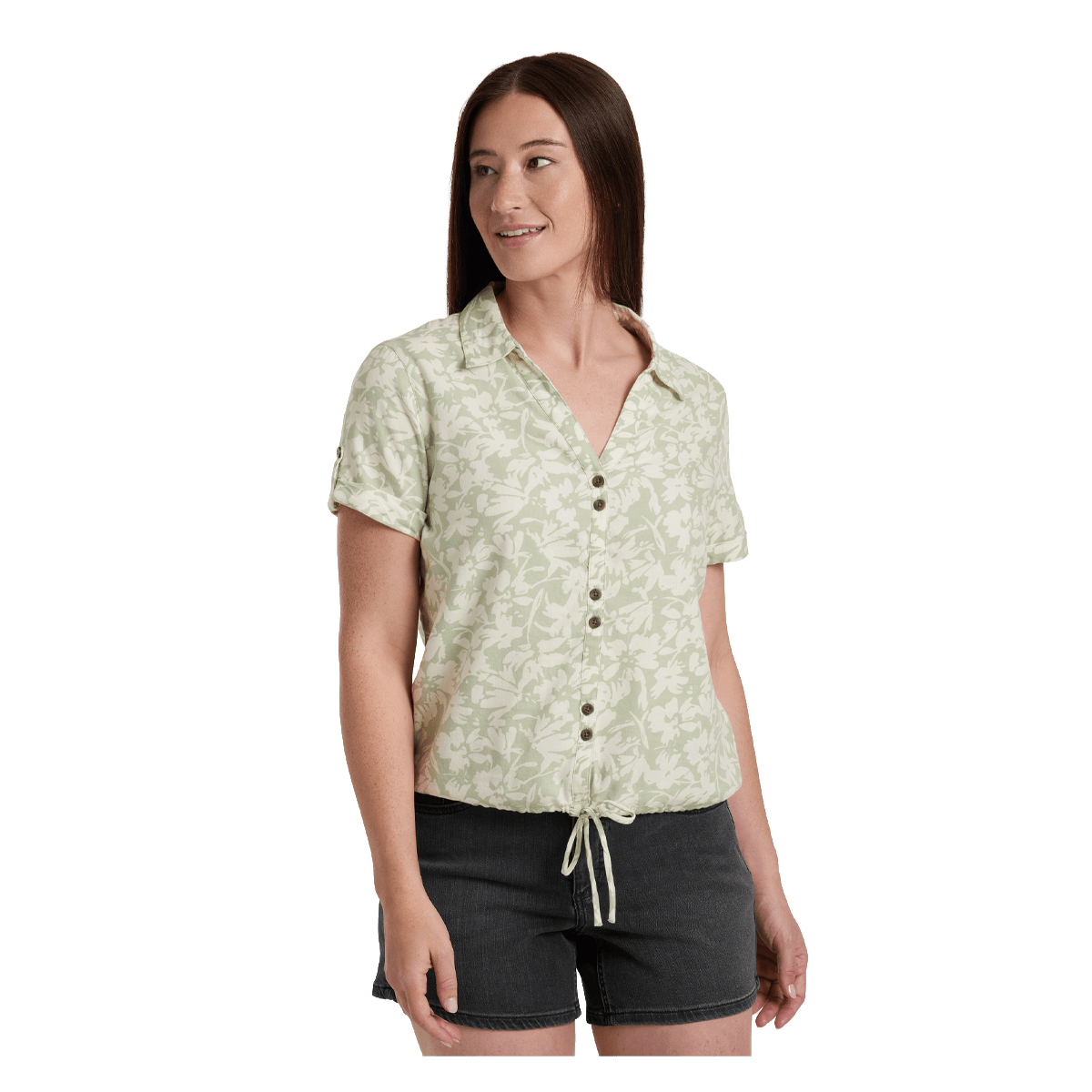 KUHL WOMEN'S LILIANA SHORT SLEEVE SHIRT - SEA FOAM PRINT - FRONT VIEW