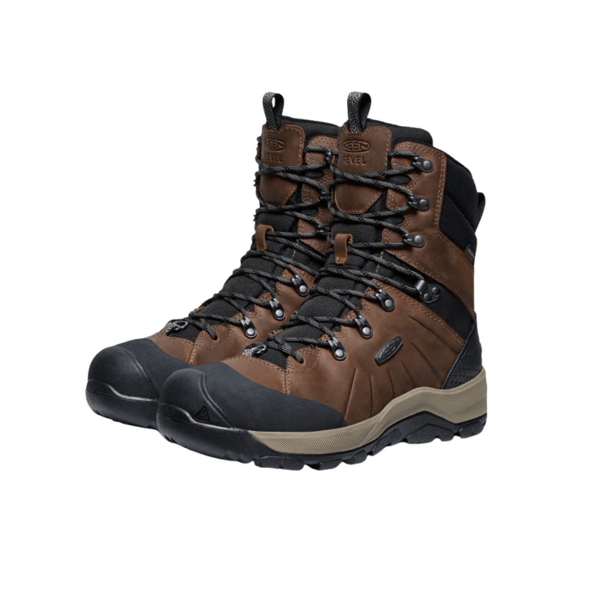 KEEN MEN'S REVEL IV HIGH POLAR WATERPROOF BOOT - CANTEEN/BLACK - FRONT ANGLED PAIR VIEW