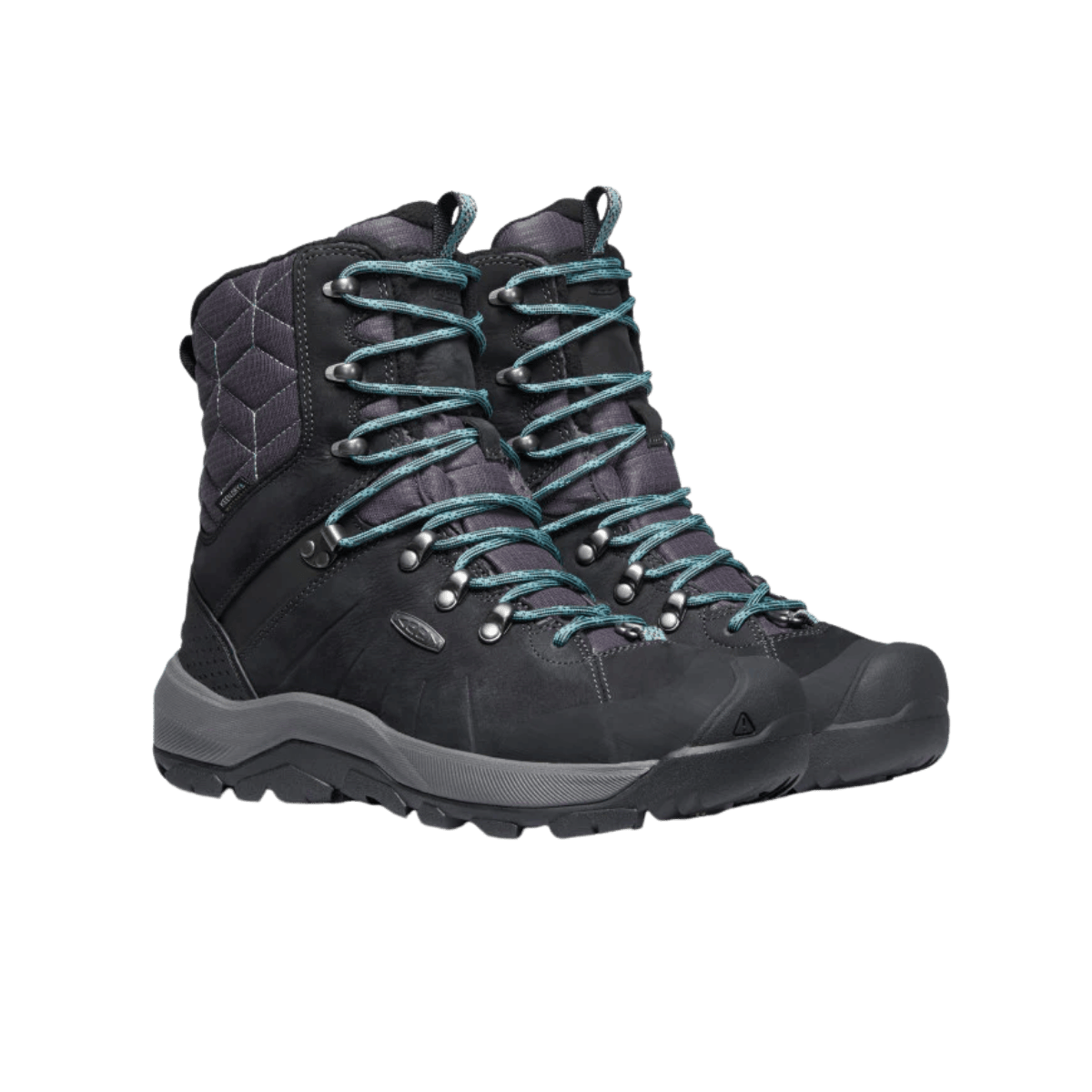 KEEN WOMEN'S REVEL IV HIGH POLAR - BLACK/NORTH ATLANTIC - FRONT ANGLED PAIR VIEW
