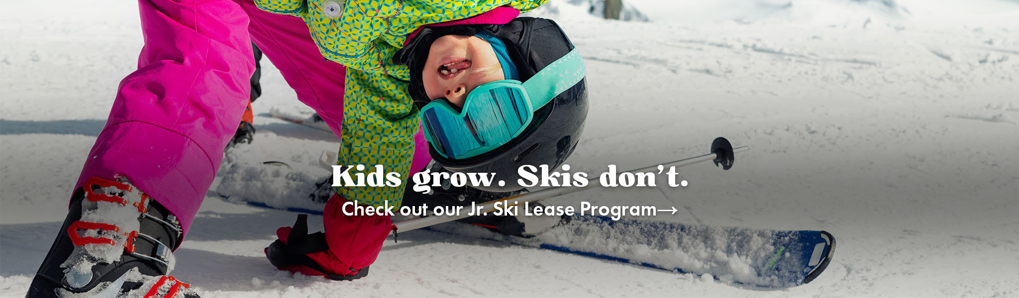 A child in ski gear with a banner promoting a ski lease program.