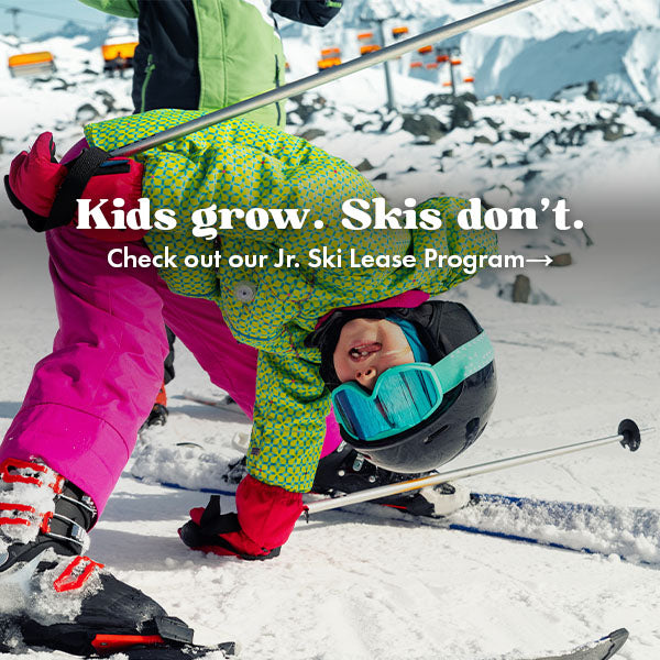 Child in ski gear with text promoting Jr. Ski Lease Program on a snowy background